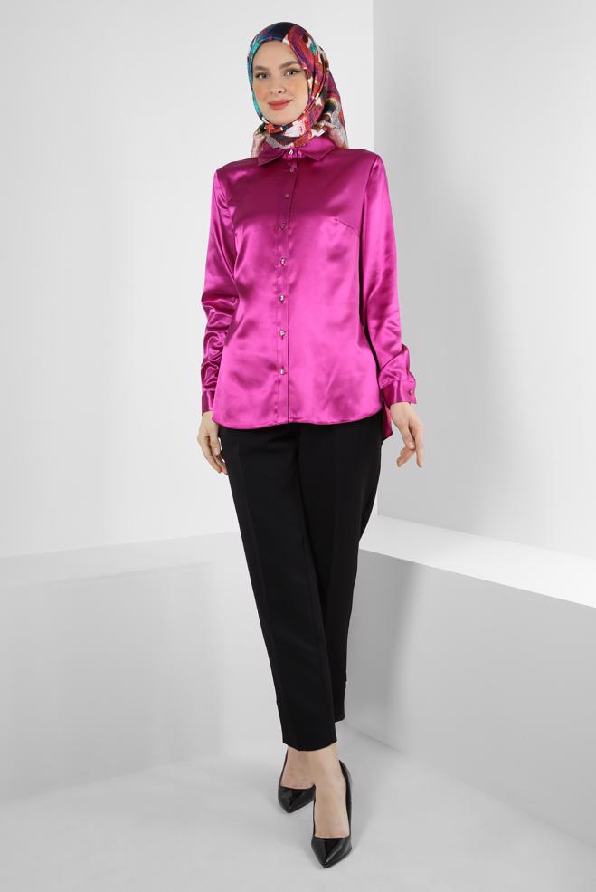 Tesettür giyim  DÜĞMELİ SATEN BLUZ 43755 - ALVİNA